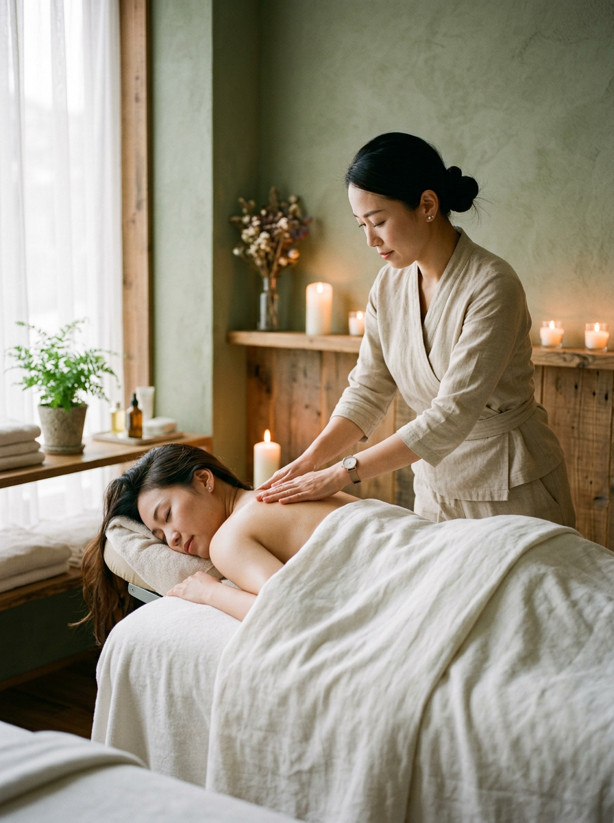 A therapist gently massaging a client's shoulder in a candlelit Solace Salon and Spa treatment room
