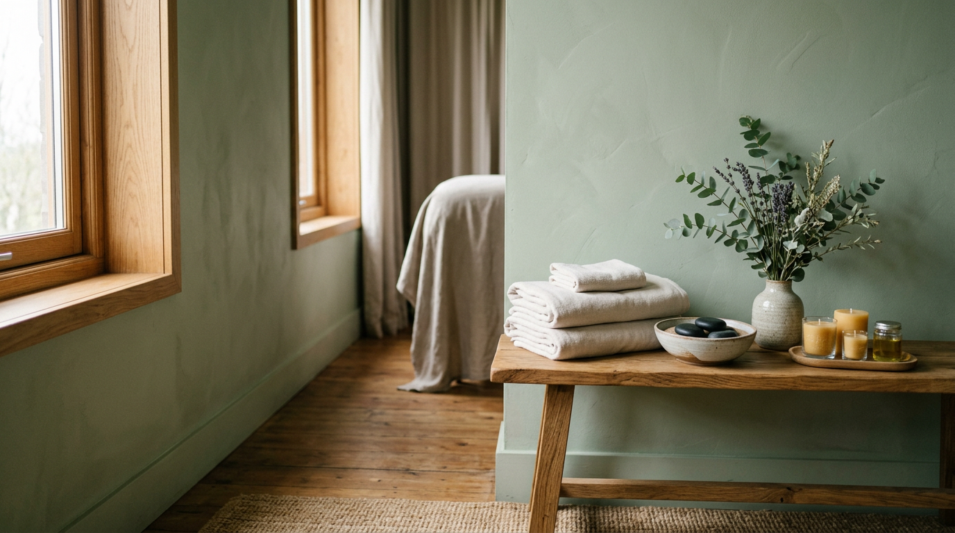 Calming treatment room at Solace Salon and Spa with fresh linens and a candlelit table